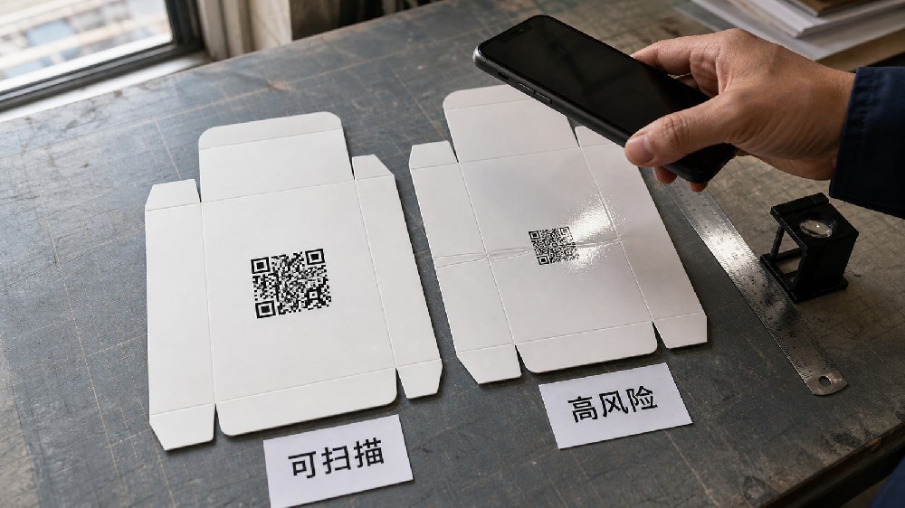 彩盒二维码可扫描样与静区不足覆膜反光高风险样对照