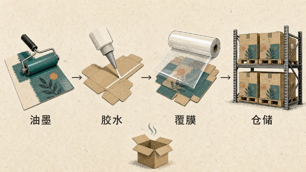 彩盒异味从油墨胶水覆膜到仓储四个环节的排查流程图