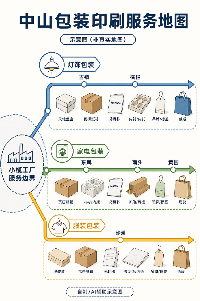 自制或 AI 辅助的中山包装印刷产业带采购示意图，展示灯饰、家电、服装三类场景及小榄工厂服务边界。