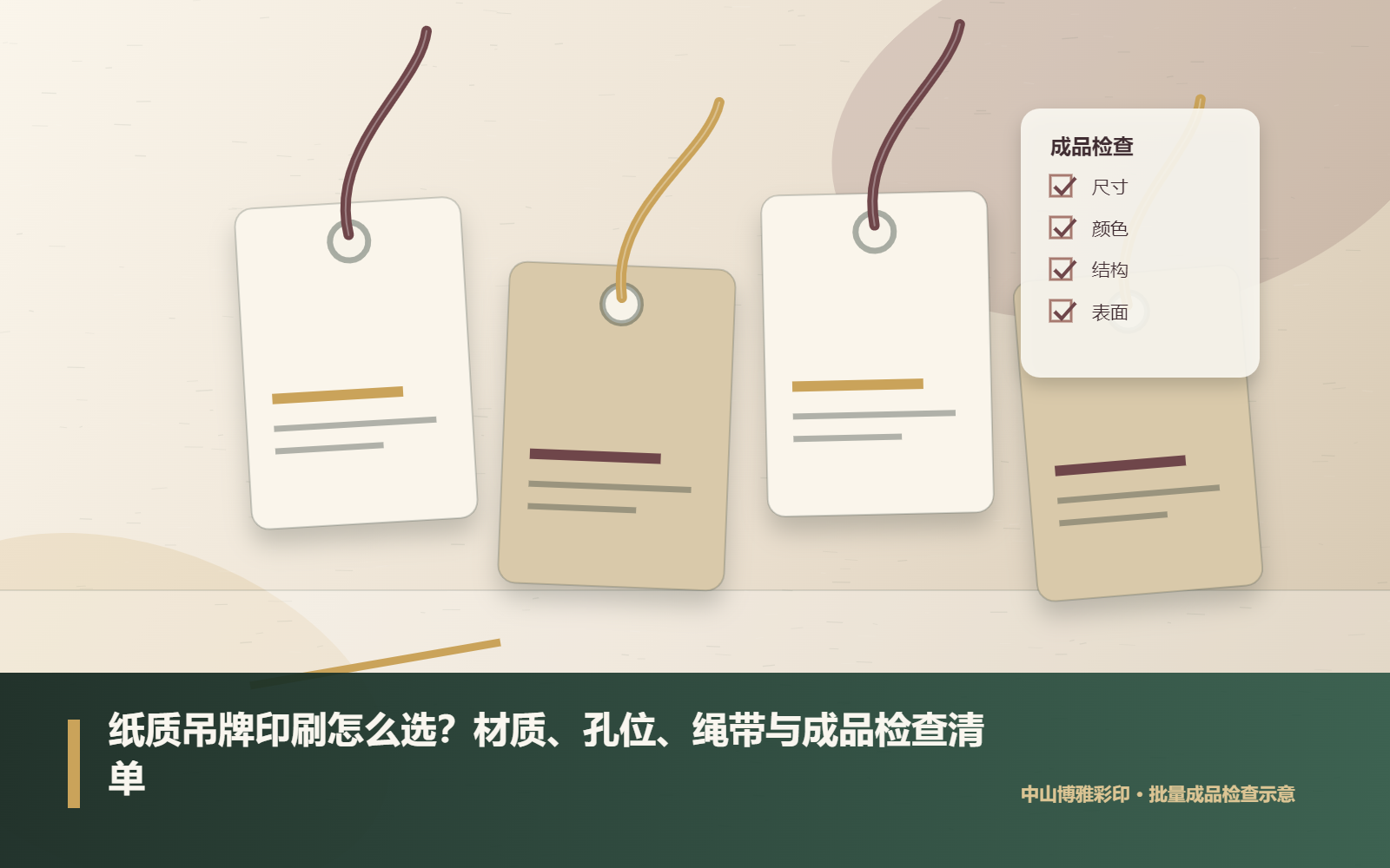 成品纸质吊牌的裁切、孔位与穿绳抽检场景
