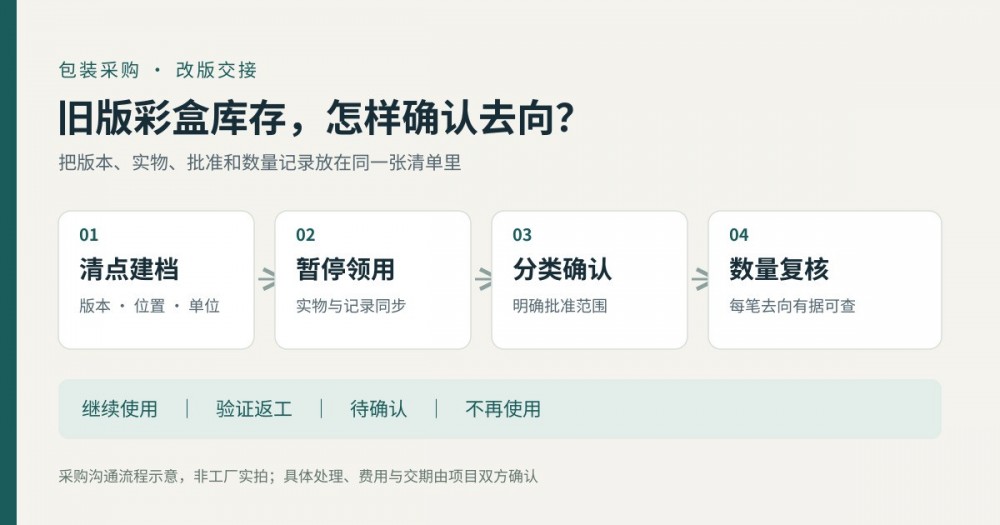 彩盒改版后旧库存处理流程示意:清点建档、暂停领用、分类确认与数量复核。非工厂实拍。 彩盒改版后旧库存处理流程示意:清点建档、暂停领用、分类确认与数量复核。非工厂实拍。