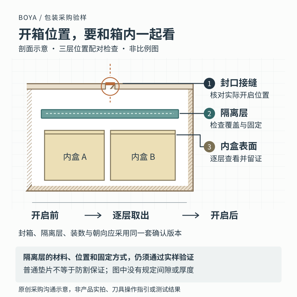 运输外箱封口接缝、隔离层与内盒彩面位置的剖面核对示意